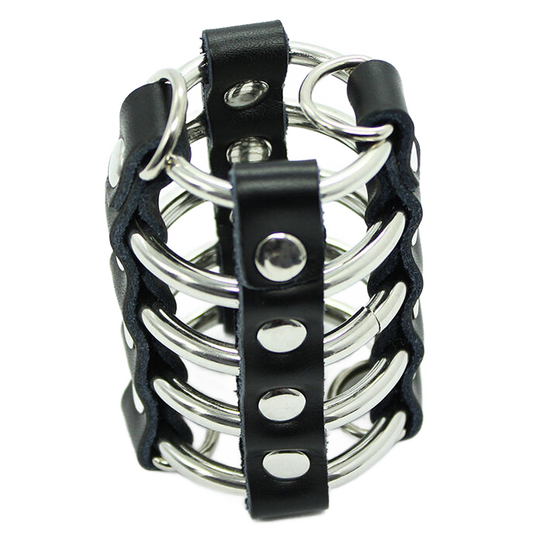 OHMAMA FETISH - COCK CAGE WITH METAL RINGS AND LEATHER HANDLES