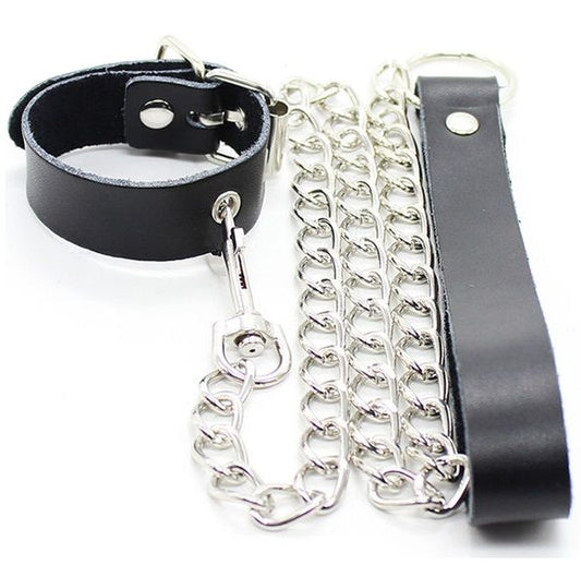 OHMAMA FETISH - LEATHER STRAP AND PENIS COLLAR WITH METAL CHAIN