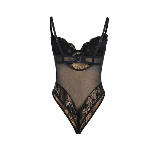 SUBBLIME - 955625 LACE BODYSUIT WITH ZIP ON BOTTOM - BLACK L/XL