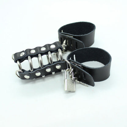 OHMAMA FETISH - COCK CAGE WITH METAL RINGS AND LEATHER HANDLES