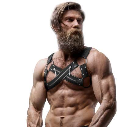 ACTITUD SUMISA FETICHE - ARNÉS DE NEOPRENO AJUSTABLE CROSS-OVER DE PECHO BULLDOG CON CREMALLERAS PARA HOMBRE