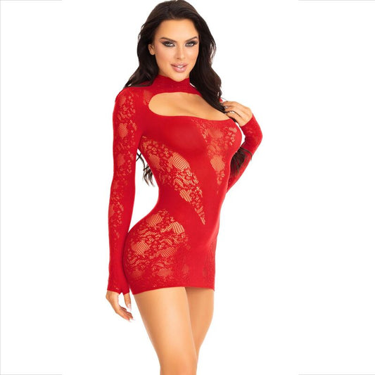 LEG AVENUE - LONG SLEEVE RED LACE MINI DRESS
