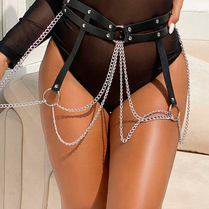 SUBBLIME - BLACK LEATHER RING CHAIN BELT ONE SIZE