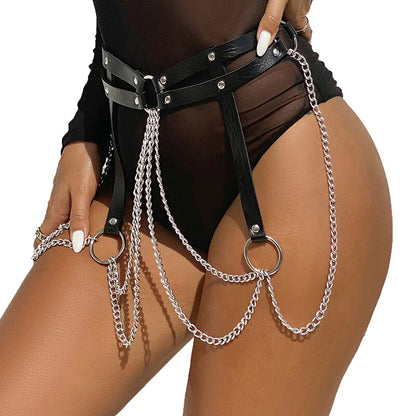 SUBBLIME - BLACK LEATHER RING CHAIN BELT ONE SIZE