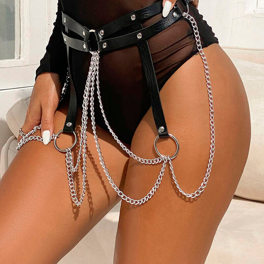 SUBBLIME - BLACK LEATHER RING CHAIN BELT ONE SIZE