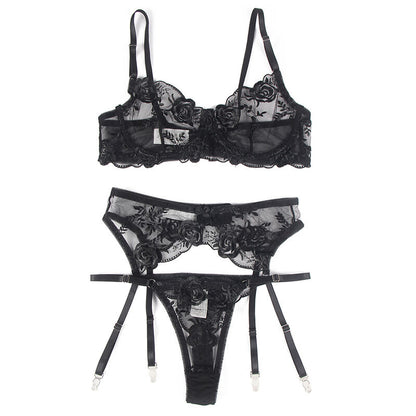 SUBBLIME - SET OF 3 PIECE SUJETADOR + THONG + BLACK FLORAL PRINT GARTER S/M