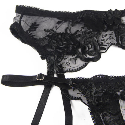 SUBBLIME - SET OF 3 PIECE SUJETADOR + THONG + BLACK FLORAL PRINT GARTER S/M