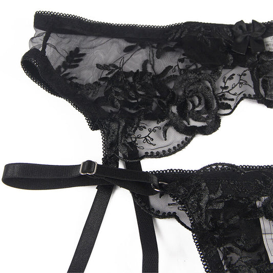 SUBBLIME - SET OF 3 PIECE SUJETADOR + THONG + BLACK FLORAL PRINT GARTER S/M