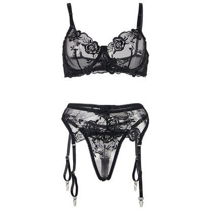 SUBBLIME - SET OF 3 PIECE SUJETADOR + THONG + BLACK FLORAL PRINT GARTER S/M