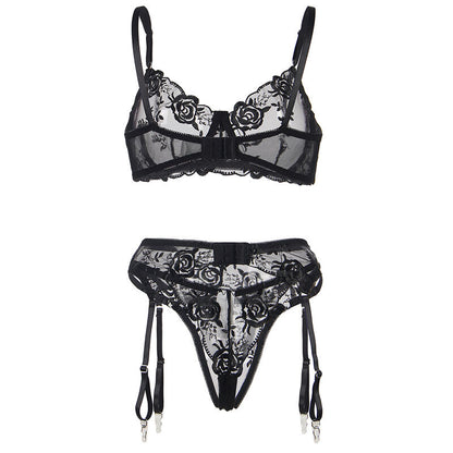 SUBBLIME - SET OF 3 PIECE SUJETADOR + THONG + BLACK FLORAL PRINT GARTER S/M