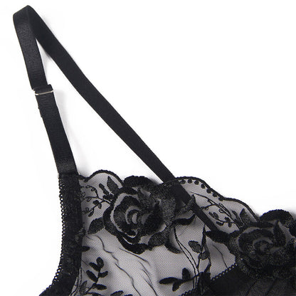 SUBBLIME - SET OF 3 PIECE SUJETADOR + THONG + BLACK FLORAL PRINT GARTER S/M