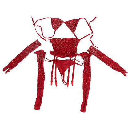 SUBBLIME - 952181 RED DIAMOND NETTED BODYSTOCKING WITH GLOVES, ONE SIZE