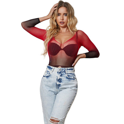 SUBBLIME - 952259 LONG SLEEVE RED AND BLACK GRADIENT STRETCH MESH DRESS ONE SIZE