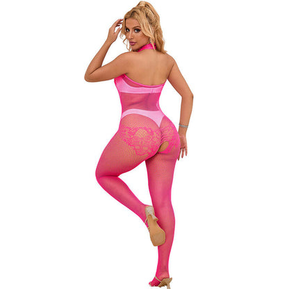 SUBBLIME - 952389 BODYSTOCKING SIN FONDO DE REJILLA Y ENCAJE CON CUELLO ALTO ROSA TALLA ÚNICA