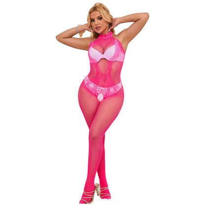 SUBBLIME - 952389 BODYSTOCKING SIN FONDO DE REJILLA Y ENCAJE CON CUELLO ALTO ROSA TALLA ÚNICA