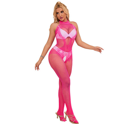 SUBBLIME - 952389 BODYSTOCKING SIN FONDO DE REJILLA Y ENCAJE CON CUELLO ALTO ROSA TALLA ÚNICA