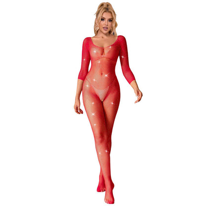SUBBLIME - 952419 LONG SLEEVE DIAMOND MESH BODYSTOCKING RED ONE SIZE
