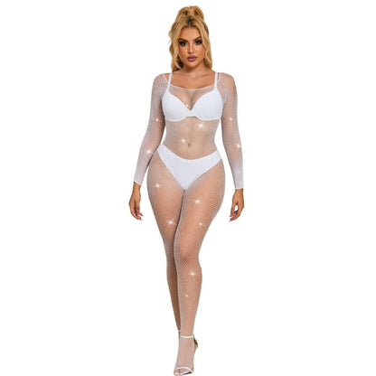 SUBBLIME - 952396 DIAMOND FISHNET BODYSTOCKING LONG SLEEVE WHITE ONE SIZE