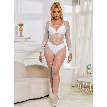 SUBBLIME - 952396 DIAMOND FISHNET BODYSTOCKING LONG SLEEVE WHITE ONE SIZE