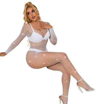 SUBBLIME - 952396 DIAMOND FISHNET BODYSTOCKING LONG SLEEVE WHITE ONE SIZE