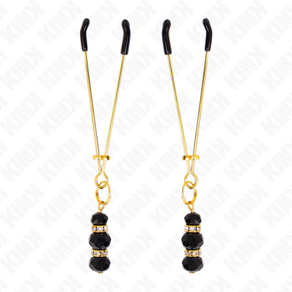 KINK - PINÇAS FINAS DOURADAS COM 3 CONTAS DE VIDRO PRETAS 7 CM