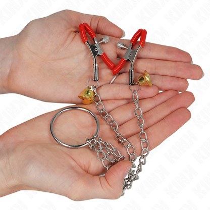 KINK - BELL TRIPLE NIPPLE AND CLIT CAMPS RED WITH CHAIN 30 CM