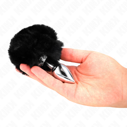 KINK - STAINLESS STEEL PLUG 7 x 3 CM WITH BLACK RABBIT TAIL AND FAUX FUR 8 CM