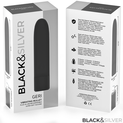 BLACK &amp; SILVER - GERI USB RECHARGEABLE VIBRATING BULLET 8 VIBRATIONS BLACK 10 X 2.2 CM