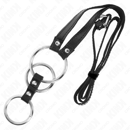 KINK - ANILLO DE PENE TRIPLE DE METAL 3,8 CM A 5 CM CON CINTURÓN DE CUERO 112 CM