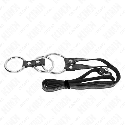 KINK - ANILLO DE PENE TRIPLE DE METAL 3,8 CM A 5 CM CON CINTURÓN DE CUERO 112 CM