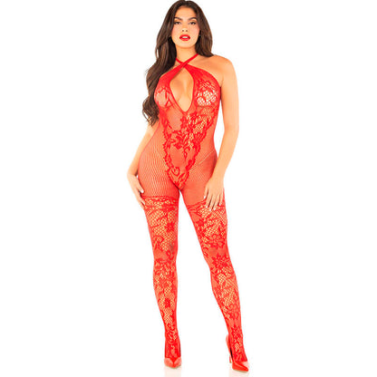 LEG AVENUE - RED FLOWER PRINT MESH BODYSTOCKING - ONE SIZE