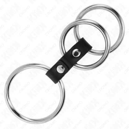 KINK - 3.7 CM TO 5 CM METAL TRIPLE COCK RING CONNECTED WITH LEATHER