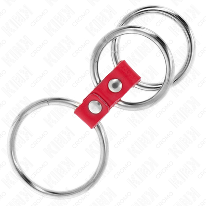 KINK - 3.7CM TO 5CM METAL TRIPLE COCK RING CONNECTED WITH RED LEATHER