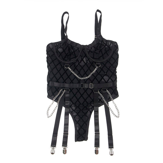 SUBBLIME - 9542277 BODYSUIT WITH CHAINS + GARTER BELT BLACK L/XL