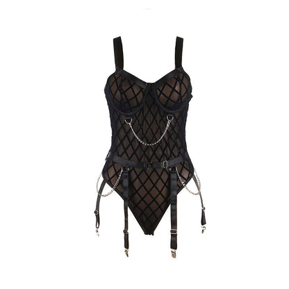 SUBBLIME - 9542277 BODYSUIT WITH CHAINS + GARTER BELT BLACK L/XL