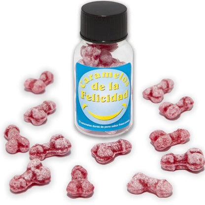 SPICY DIABLO - JAR WITH 12 STRAWBERRY/CHERRY CANDIES IN THE SHAPE OF A HAPPY PENIS