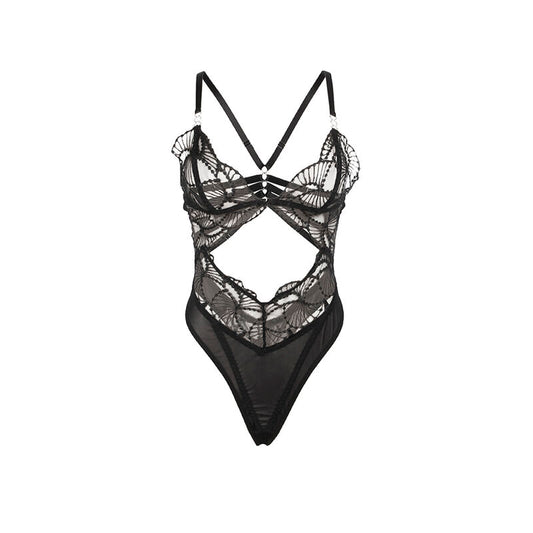 SUBBLIME - 955212 TRANSPARENT BODYSUIT WITH HOLLOW BLACK LACE S/M
