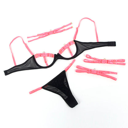 SUBBLIME - 955304 FLUORESCENT PINK BRA SET WITH NECKLACE AND LEG DETAILS L/XL