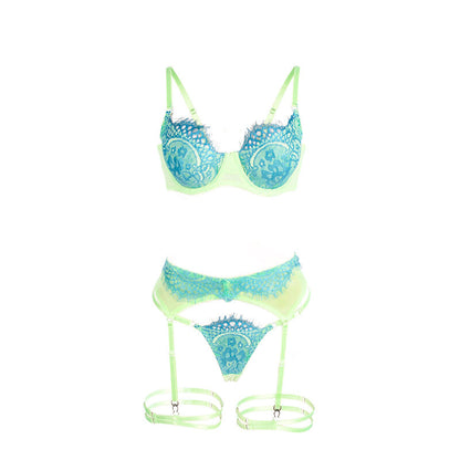 SUBBLIME - 955311 GREEN AND BLUE LACE BRA SET WITH GARTERS S/M