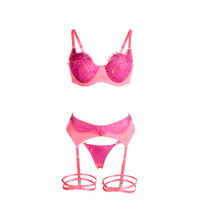 SUBBLIME - 955359 CONJUNTO DE SUTIÃ COM RENDA E LIGAS ROSA E ROXO S/M