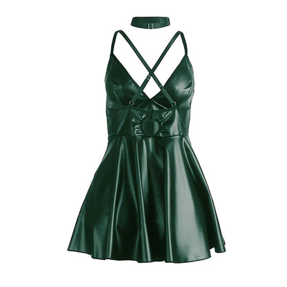 SUBBLIME - 955434 GREEN LEATHER DRESS WITH STRAPS S/M