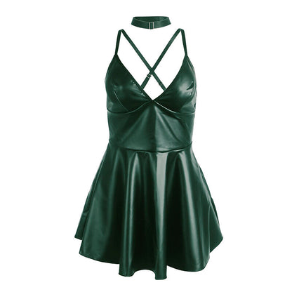 SUBBLIME - 955434 GREEN LEATHER DRESS WITH STRAPS S/M