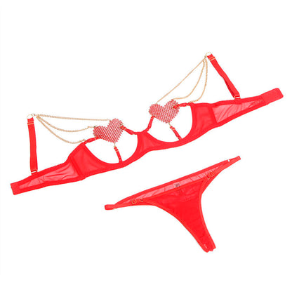 SUBBLIME - 955519 CONJUNTO DE SUJETADOR CON CADENAS Y MALLA CORAZÓN ROJO S/M
