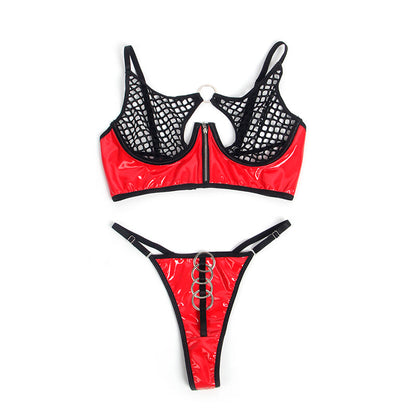 SUBBLIME - 955540 RED LEATHER BRA SET WITH MESH ZIPPER L/XL