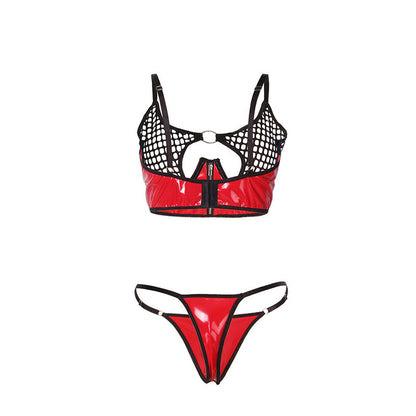 SUBBLIME - 955540 CONJUNTO DE SUTIÃ DE COURO VERMELHO COM ZÍPER DE MALHA L/XL