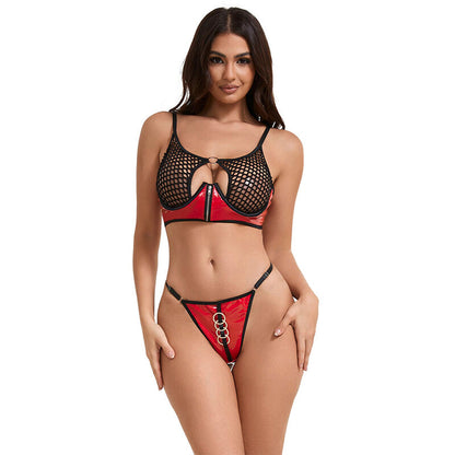 SUBBLIME - 955540 CONJUNTO DE SUTIÃ DE COURO VERMELHO COM ZÍPER DE MALHA L/XL