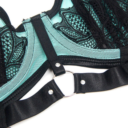 SUBBLIME - 955557 GREEN LEATHER BRA SET WITH MESH ZIPPER S/M