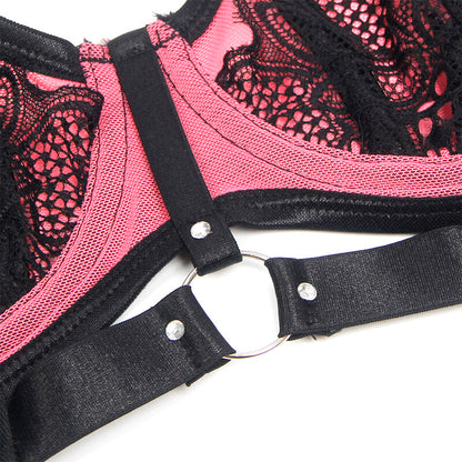 SUBBLIME - 955571 GREEN LEATHER BRA SET WITH PINK MESH ZIPPER S/M