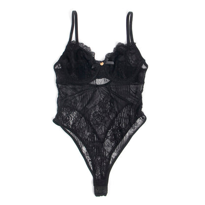 SUBBLIME - 955618 BLACK LACE BODYSUIT WITH LOW CLOSURE S/M