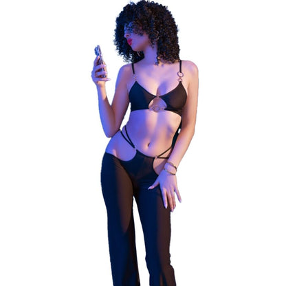 CHILIROSE - CR 4851 SET TOP NEGRO Y LEGGINS CON COMPLEMENTOS DORADOS